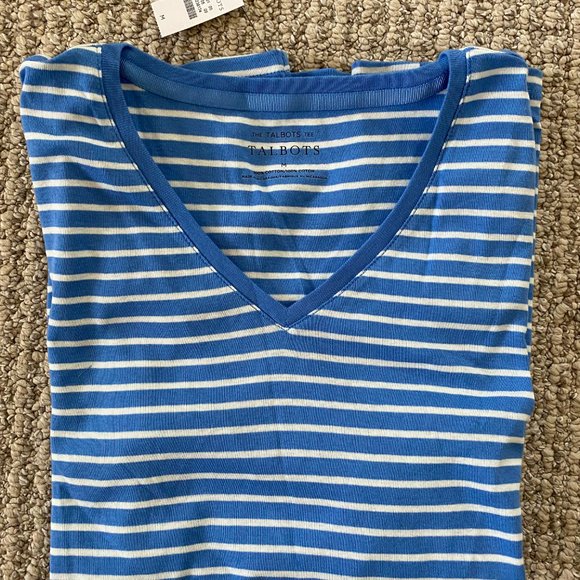 Talbots Long Sleeve V-Neck Tee Blue Stripes - Picture 2 of 5